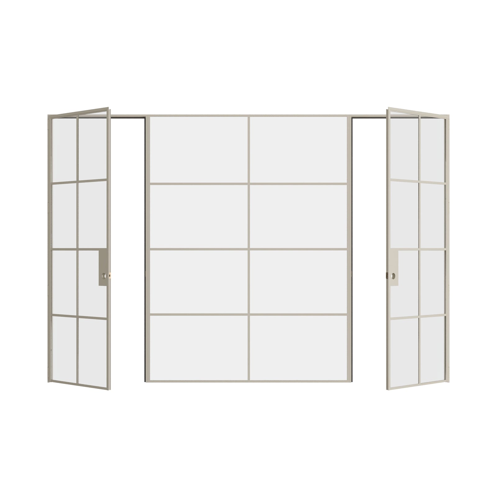 Pinkys Air 5 interior steel door, dual single, with a fixed middle panel, open