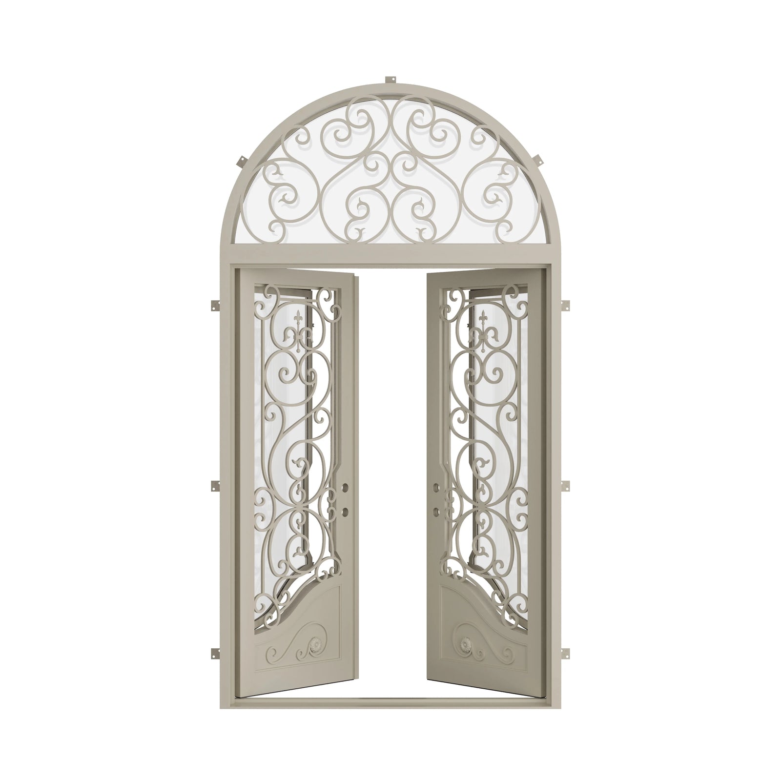Pinkys Beverly steel door, double, flat, with a full-arch top window, open