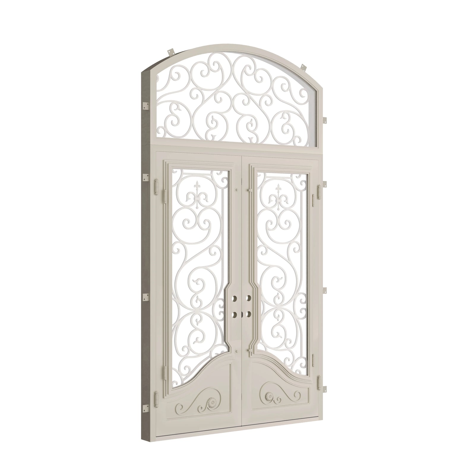 Pinkys Beverly steel door, double, flat, with an arch top window, closed