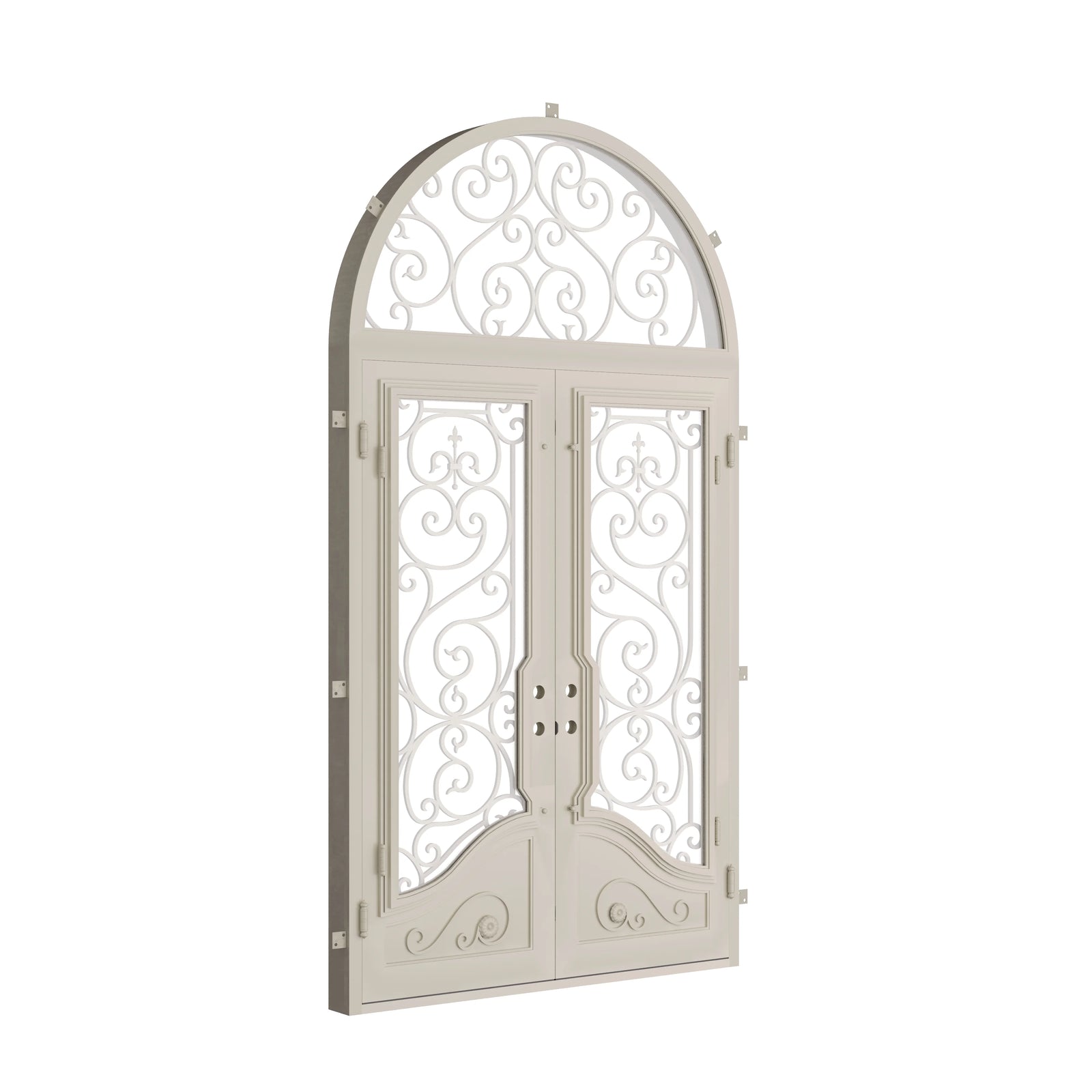 Pinkys Beverly steel door, double, flat, with a full-arch top window, closed