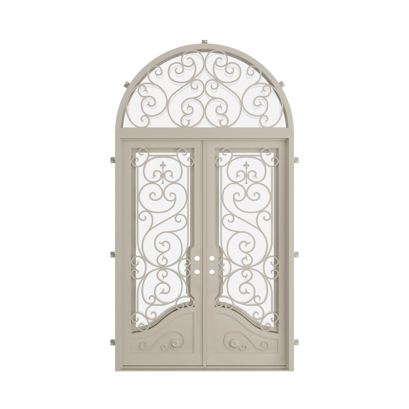 Pinkys Beverly steel door, double, flat, with a full-arch top window, closed