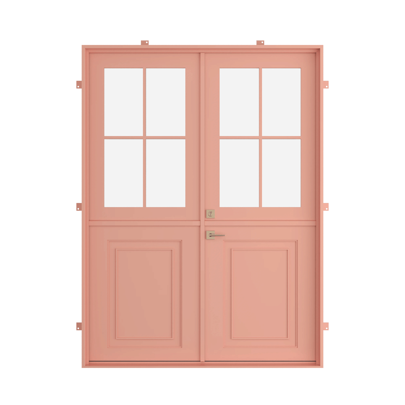 Dutch steel door with kickplate and paneled glass upper section in a slim architectural steel frame