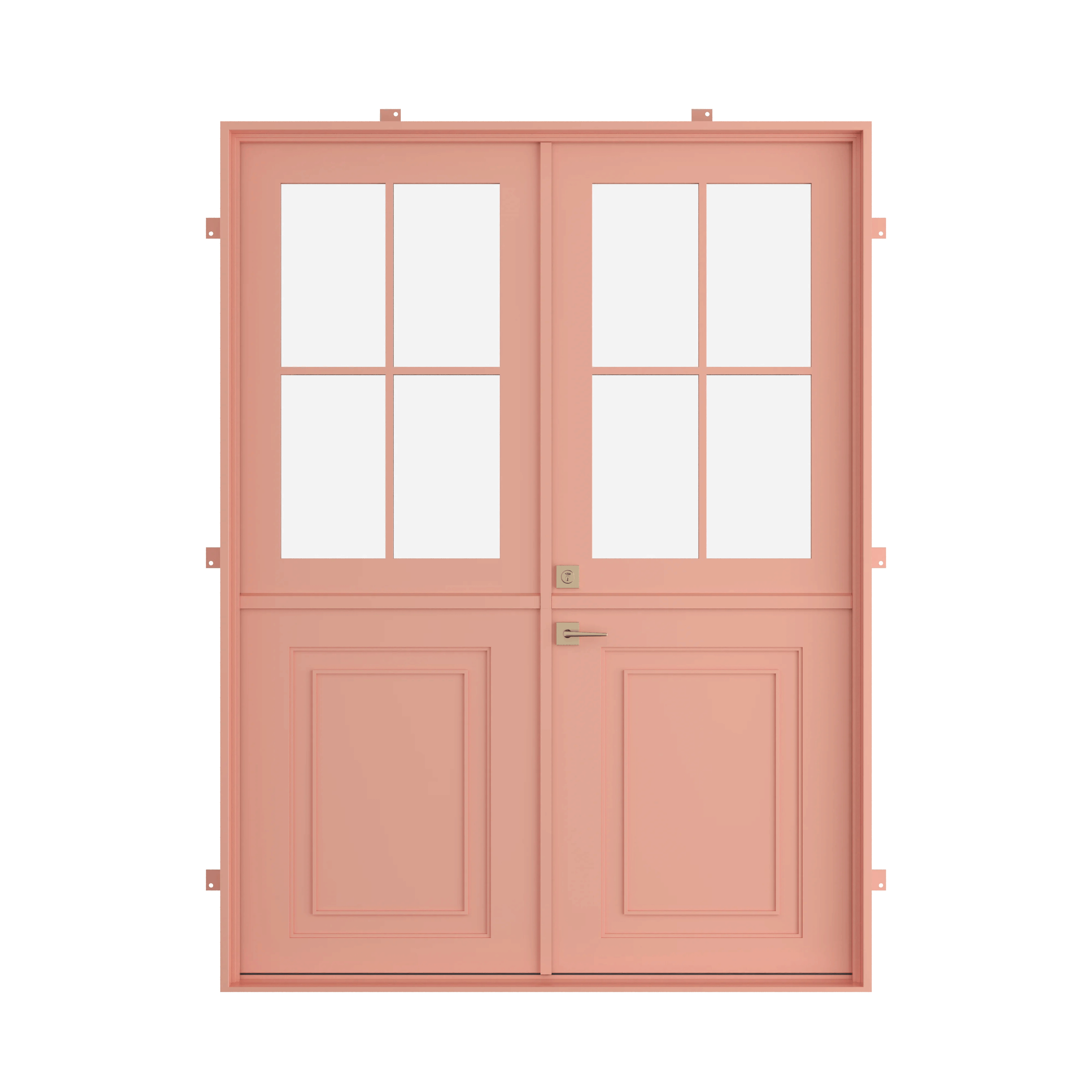 Dutch steel door with kickplate and paneled glass upper section in a slim architectural steel frame