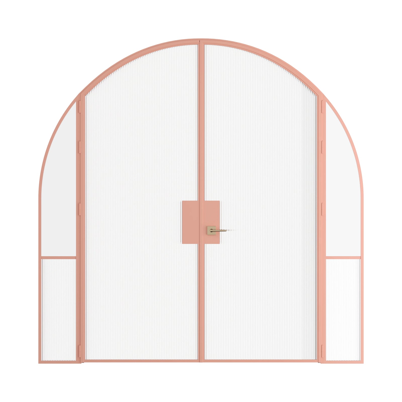 Air Grand interior double steel doors with sidelights and full arch tops in sunset pink finish, OTTOSTUMM hot-rolled steel slim profiles with removable thresholds