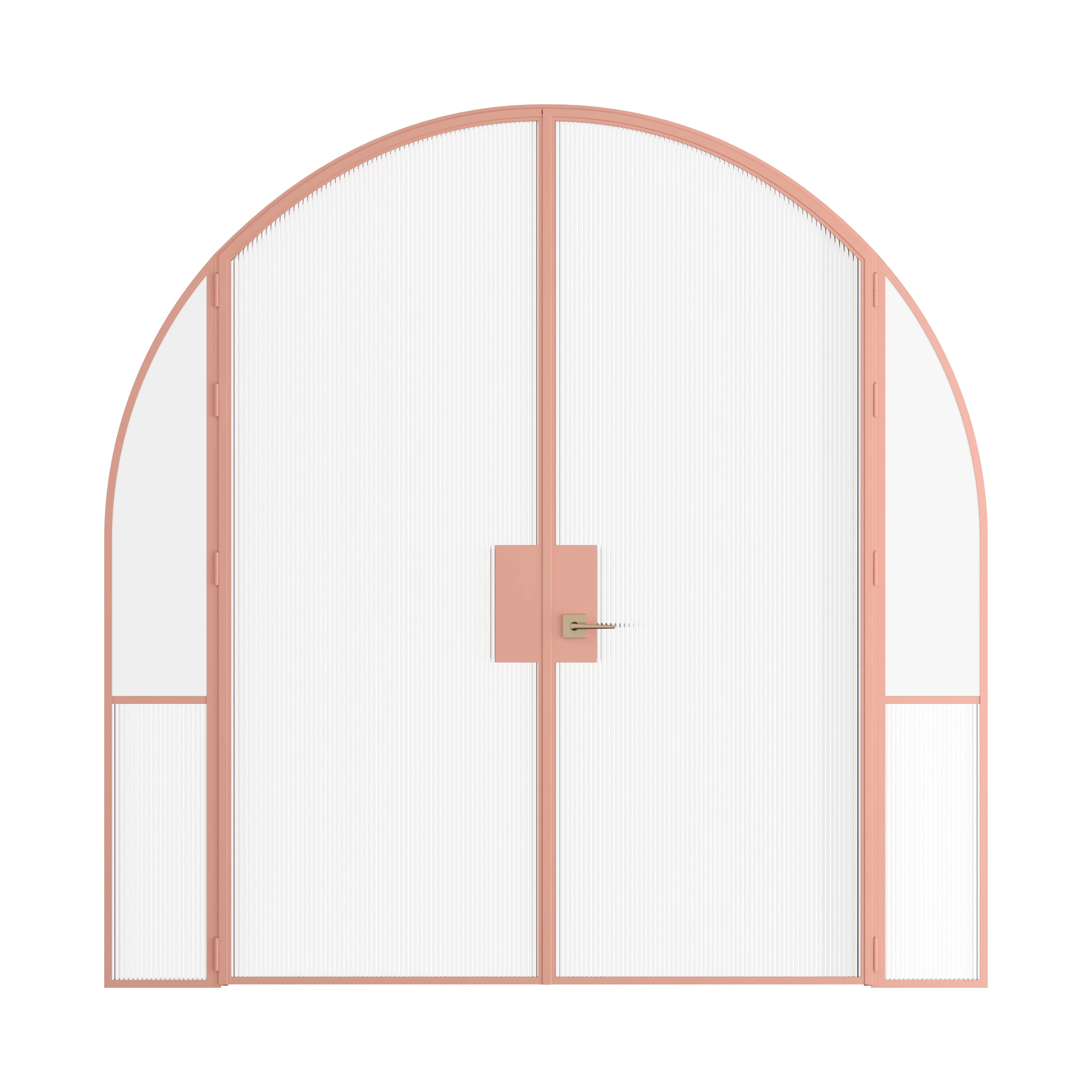 Air Grand interior double steel doors with sidelights and full arch tops in sunset pink finish, OTTOSTUMM hot-rolled steel slim profiles with removable thresholds