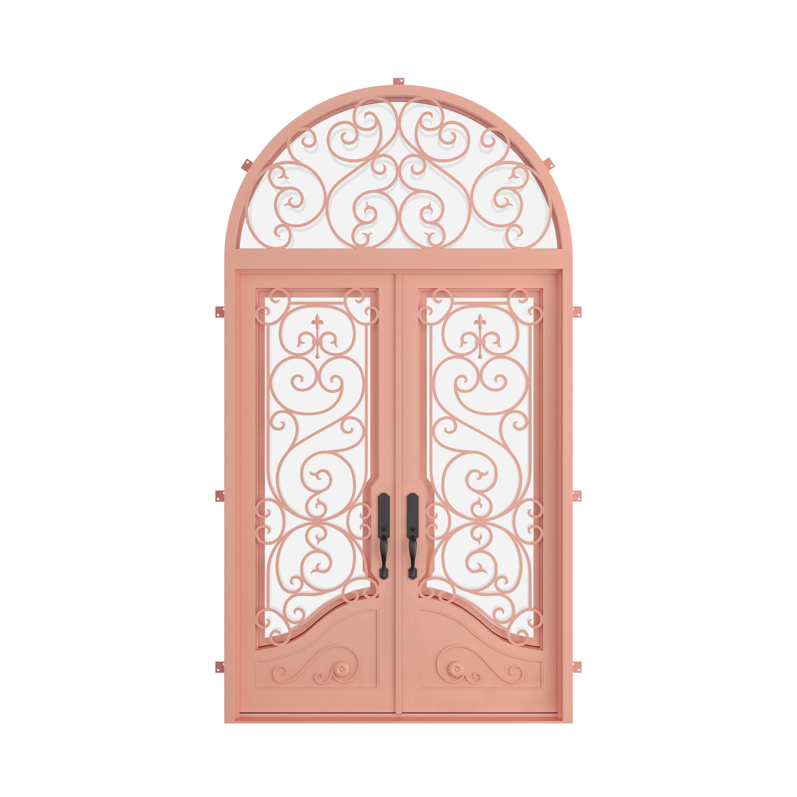 Pinkys Beverly steel door, double, flat, with an arch top window, closed