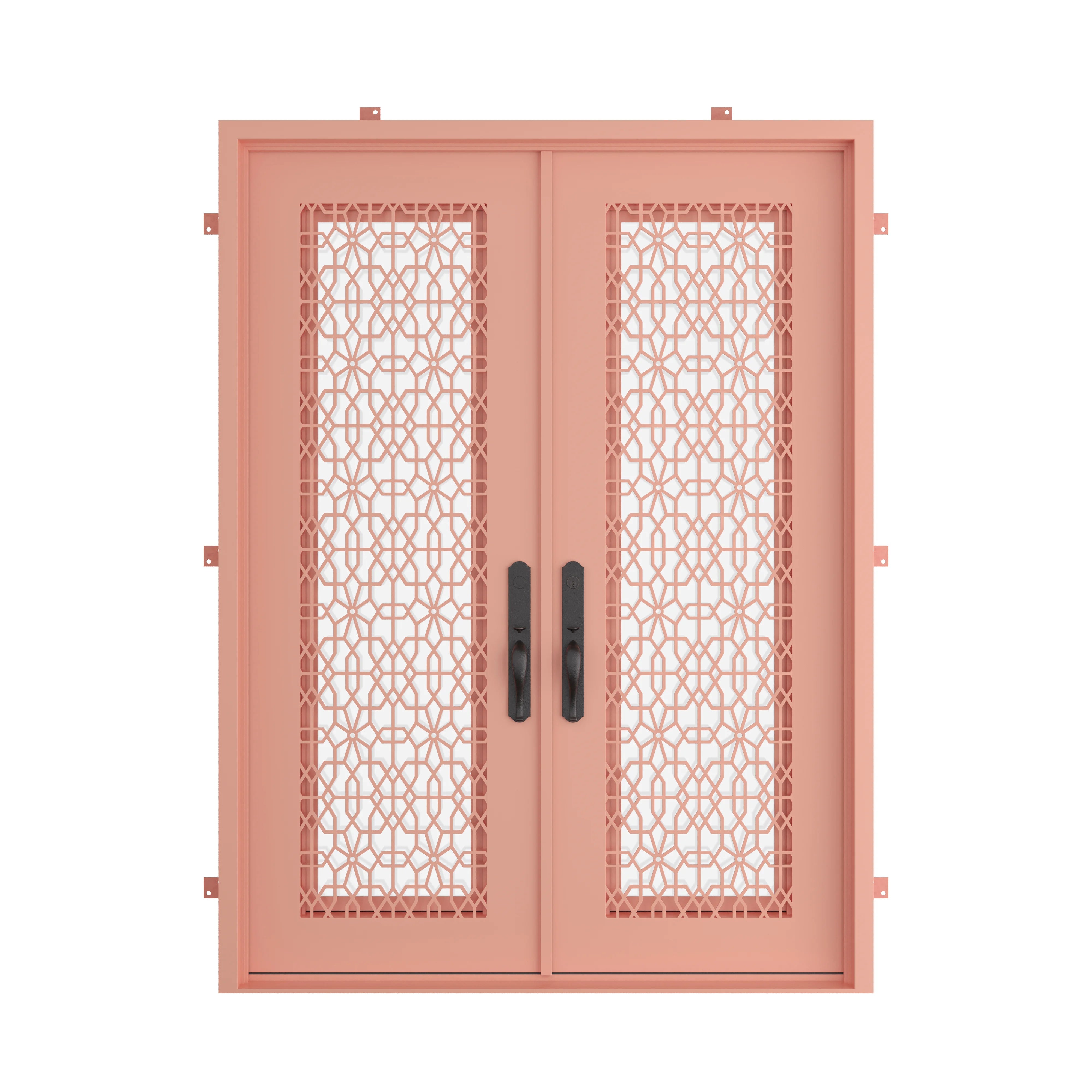 Contemporary double flat steel front door in Sunset Pink with minimalist steel design