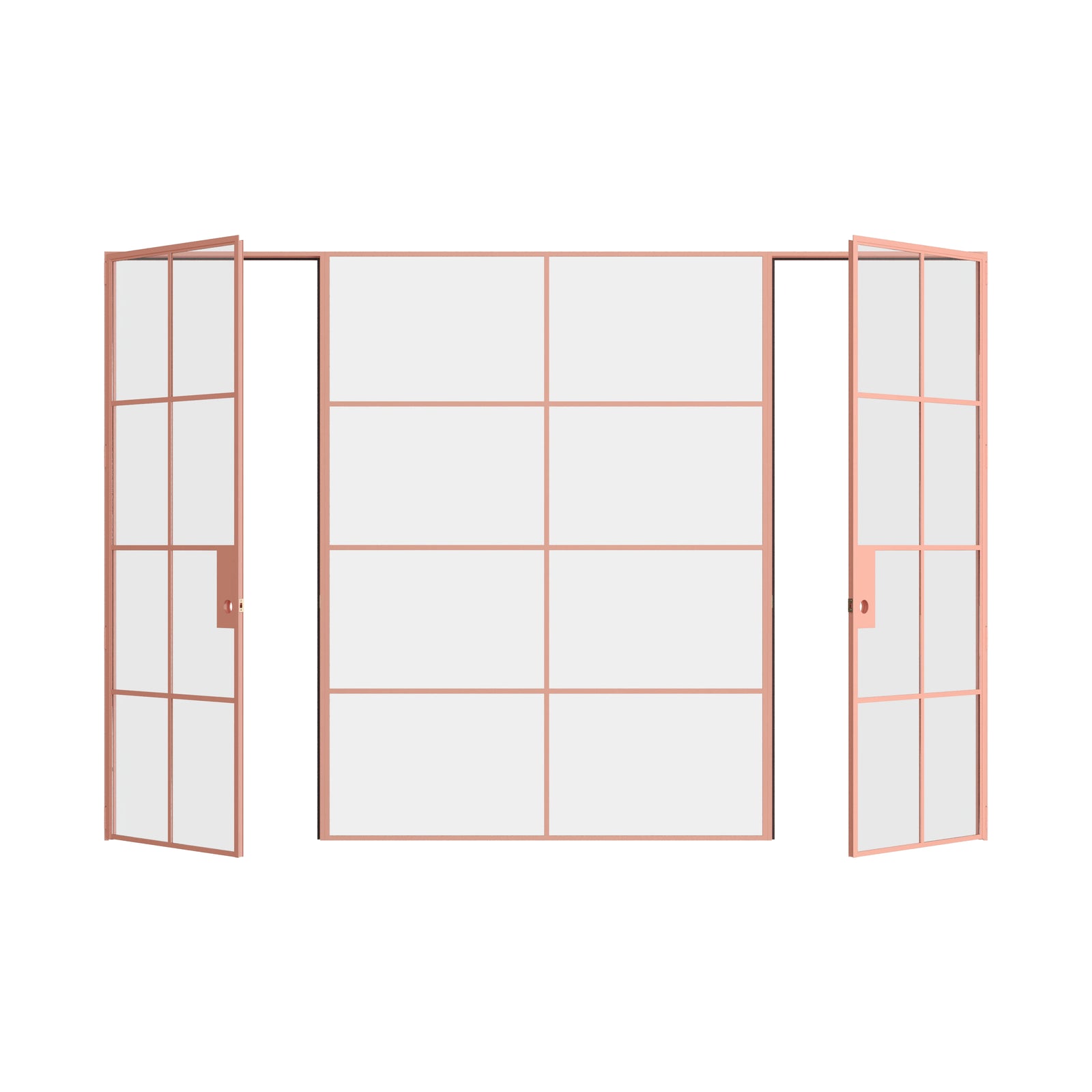 Pinkys Air 5 interior steel door, dual single, with a fixed middle panel, open