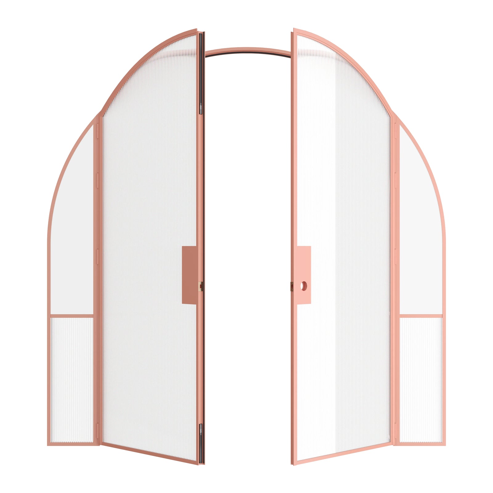 Air Grand interior double full arch steel doors with sidelights in sunset pink, OTTOSTUMM hot-rolled steel narrow frame construction