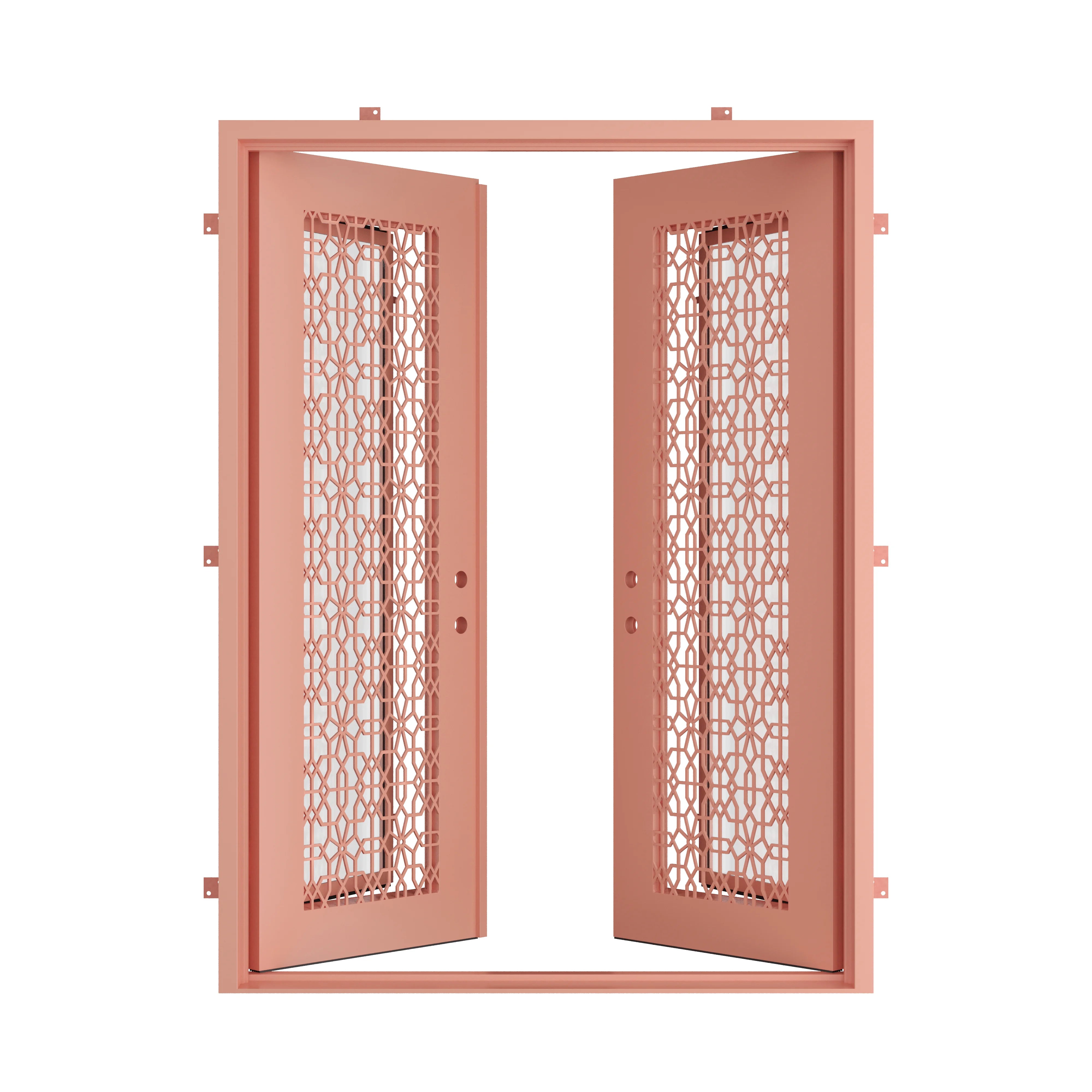 PINKYS double flat steel entry door in Sunset Pink with large architectural glass panels