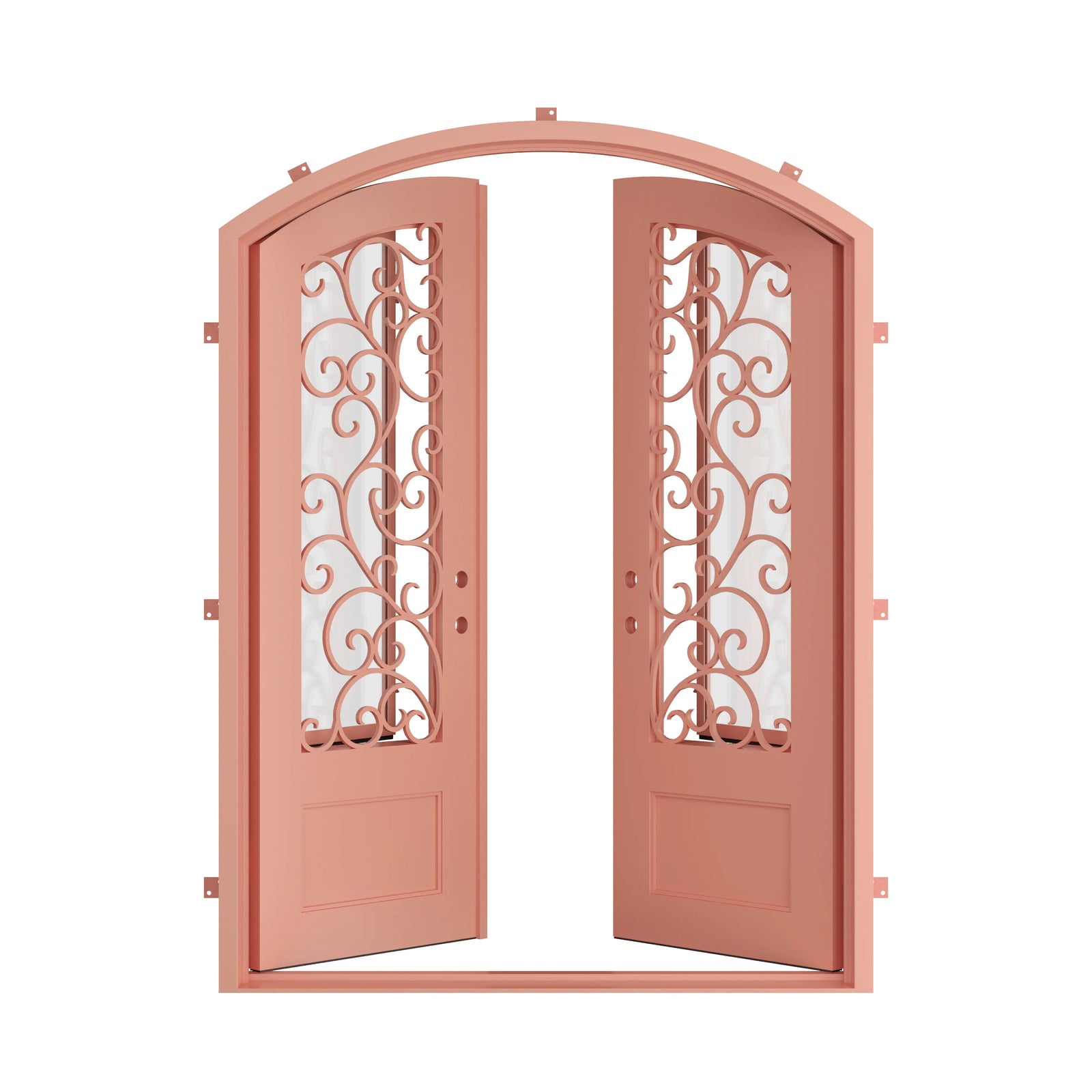 Pinkys Story steel door, double, arch, open