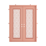 Architectural double flat steel entry door in Sunset Pink with clear glass panels