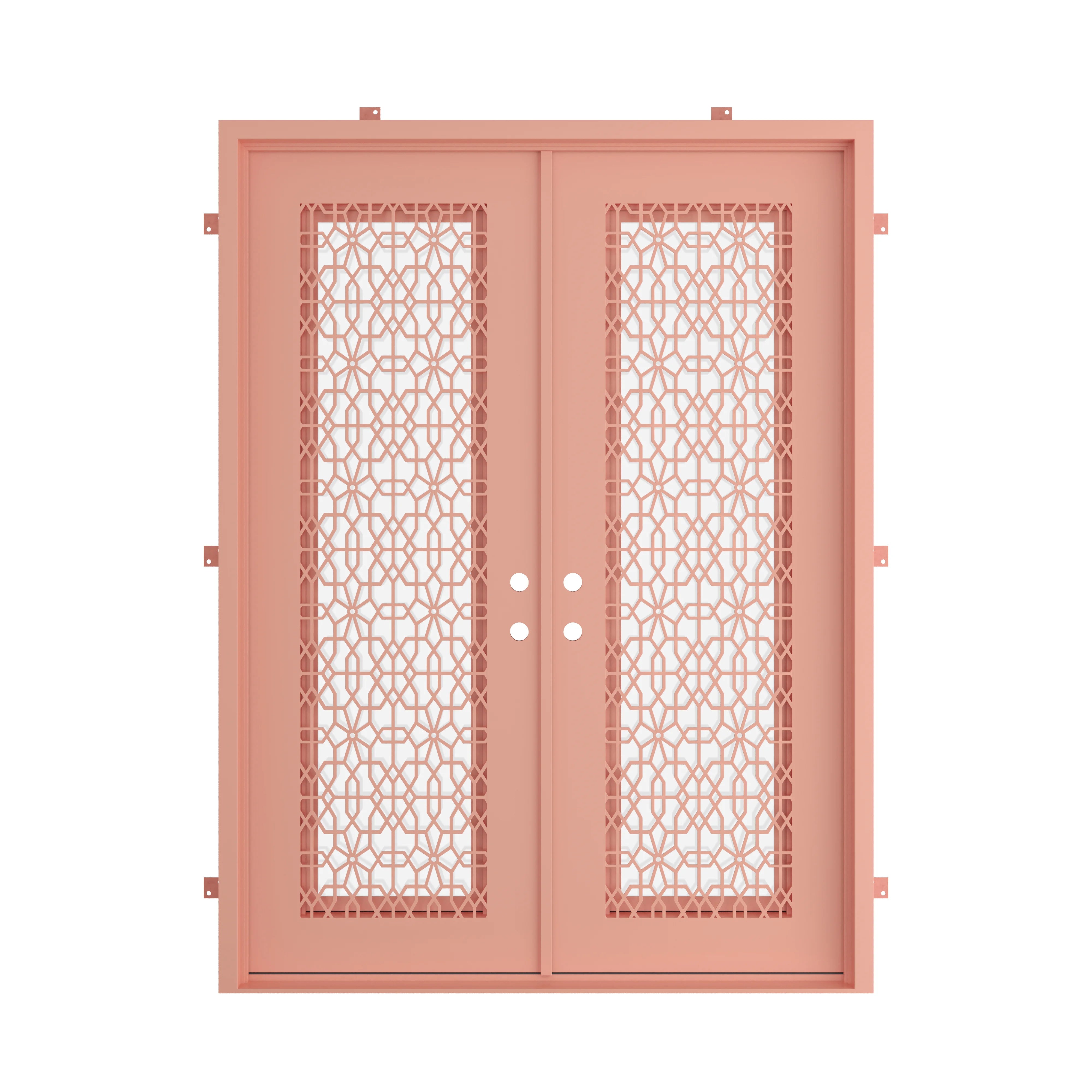 Architectural double flat steel entry door in Sunset Pink with clear glass panels