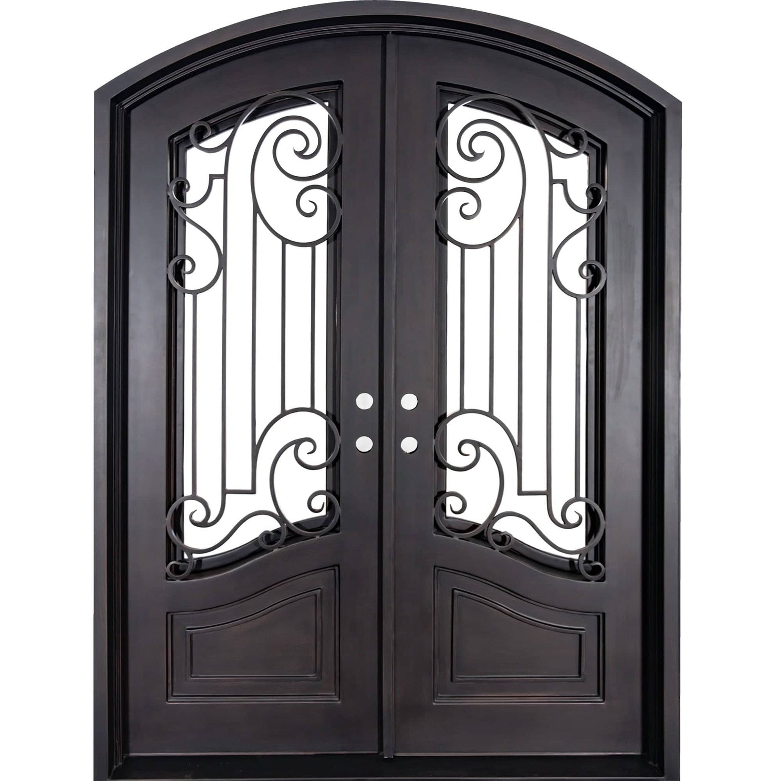 Piano double door in bronze shade with efficient glass and arch design.