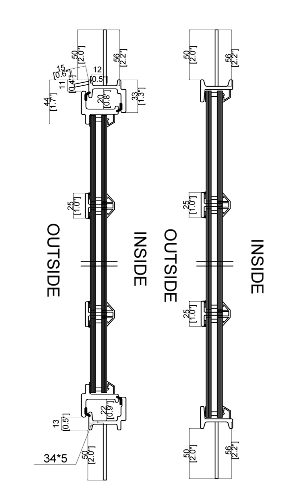 Cut Sheet for Dual Single Casement Steel Windows with Middle Fixed Panel Side View