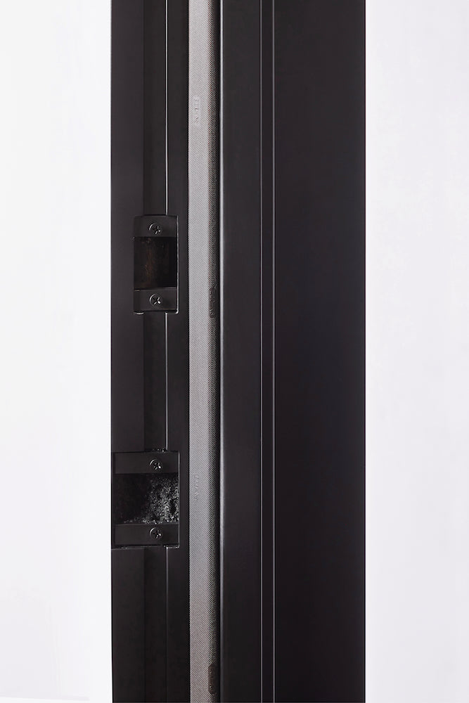 Finished thermally broken frame showing holes for strike plates