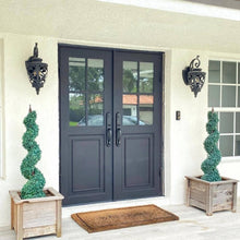 Load image into Gallery viewer, Double exterior doors made for an entryway with a thick iron and steel frame and two 6-paned windows. Doors are thermally broken to protect from extreme weather.