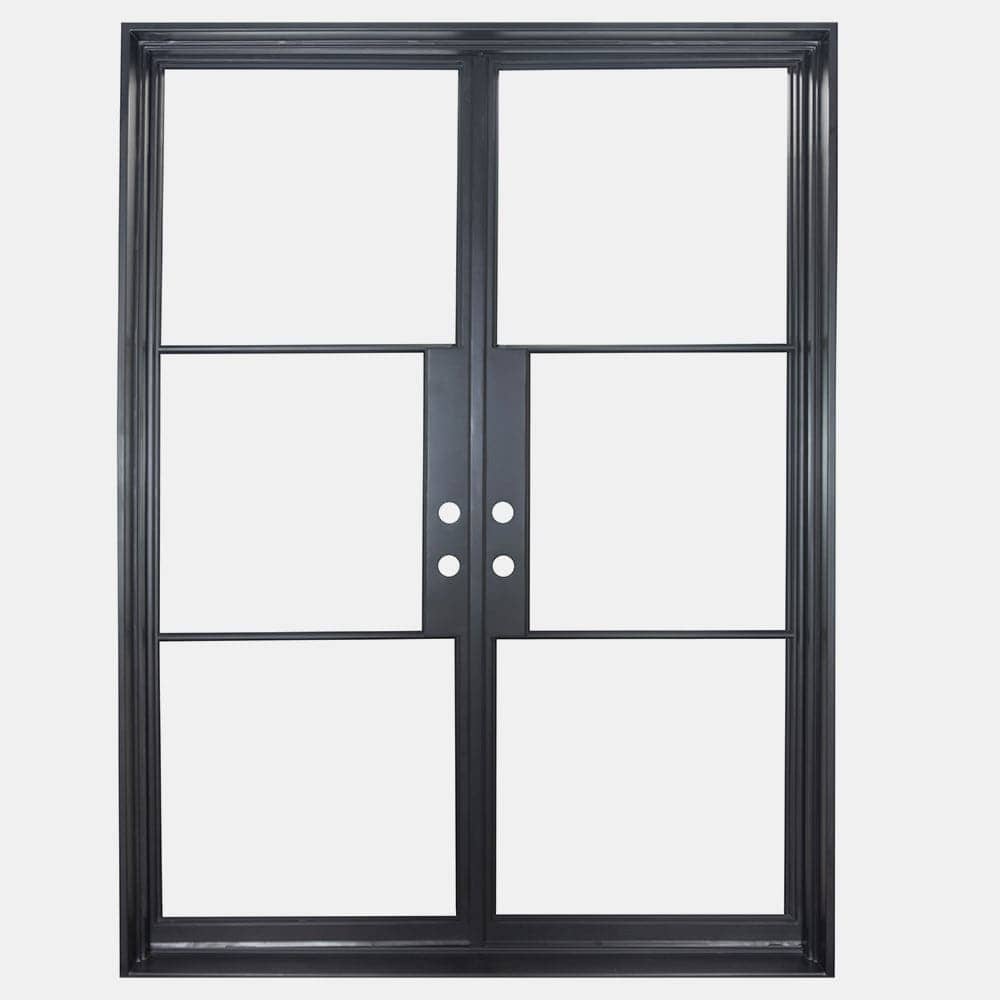 Black double opening steel door with 6 tempered glass held by dividers for Patio or entry door - PINKYS