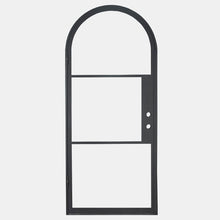 Load image into Gallery viewer, Full Arched Black single opening steel door with 3 tempered glass panes held by dividers for Patio or entry door - PINKYS