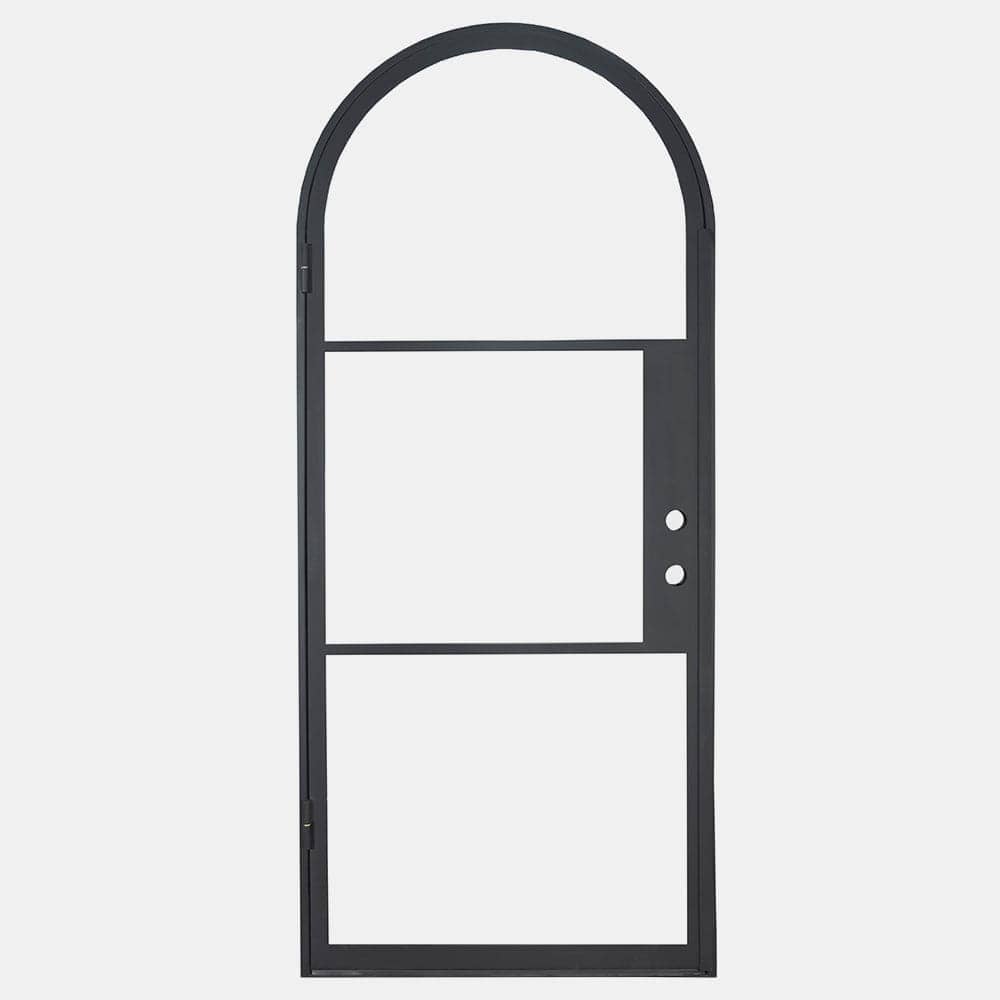 Full Arched Black single opening steel door with 3 tempered glass panes held by dividers for Patio or entry door - PINKYS
