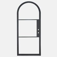 Load image into Gallery viewer, Full Arched Black single opening steel door with 3 tempered glass panes held by dividers for Patio or entry door - PINKYS