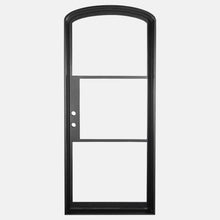 Load image into Gallery viewer, Mini Arched Black single opening steel door with 3 tempered glass panes held by dividers for Patio or entry door - PINKYS