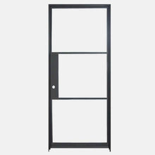 Load image into Gallery viewer, Single Flat Black Steel Door with Removable Threshold for entry doors, patio and french doors. Comes with Polyurethane dual foam weather stripping inside each frame, and 3 tempered single pane glass on each door - PINKYS
