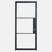 Load image into Gallery viewer, Single Flat Black Steel Door with Removable Threshold for entry doors, patio and french doors. Comes with Polyurethane dual foam weather stripping inside each frame, and 3 tempered single pane glass on each door - PINKYS