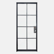 Load image into Gallery viewer, Single Flat Black Steel Door with Removable Threshold for entry doors, patio and french doors. Comes with Polyurethane dual foam weather stripping inside each frame, and 8 tempered single pane glass on each door - PINKYS
