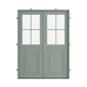 Architectural Dutch steel door with paneled glass top half and protective steel kickplate below