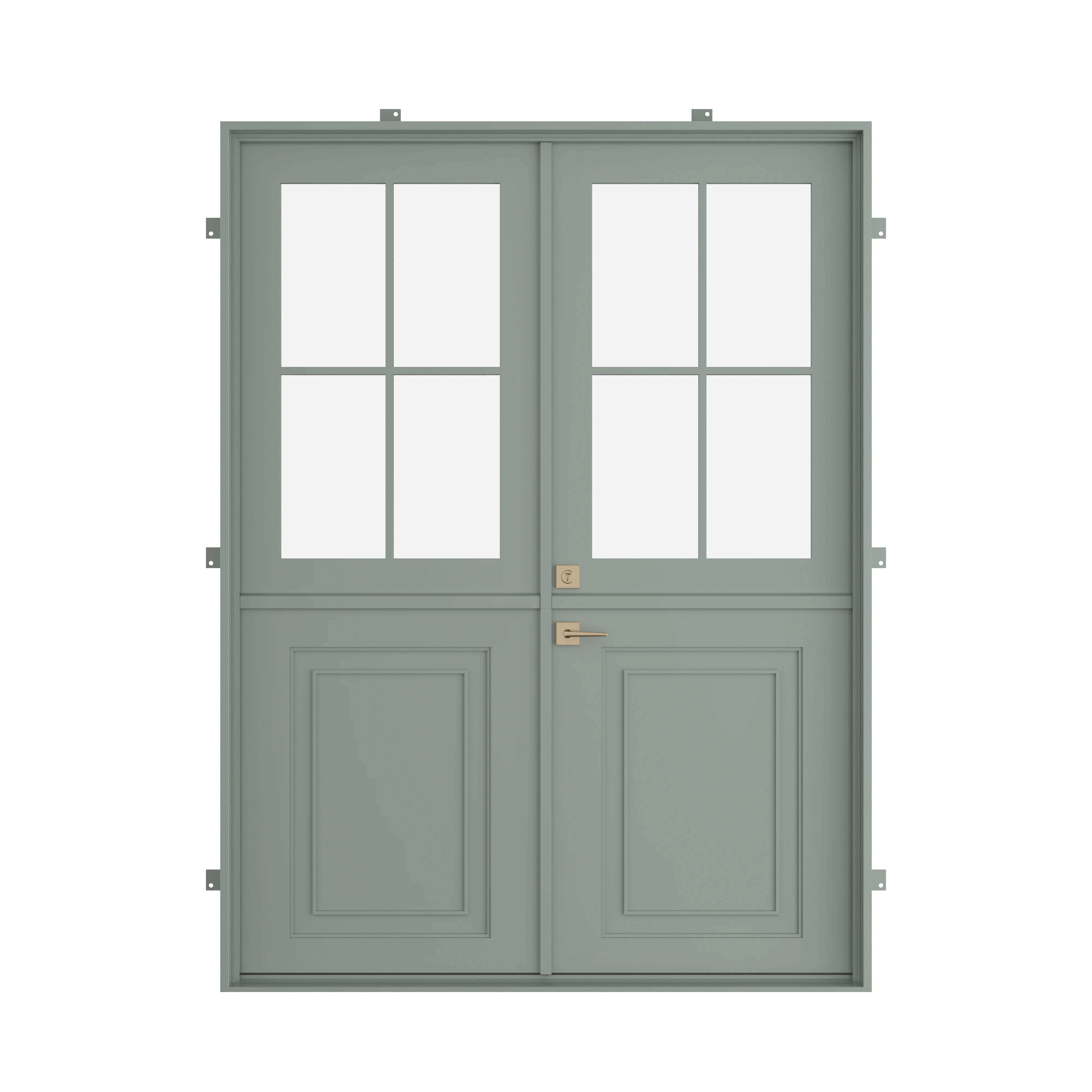 Architectural Dutch steel door with paneled glass top half and protective steel kickplate below