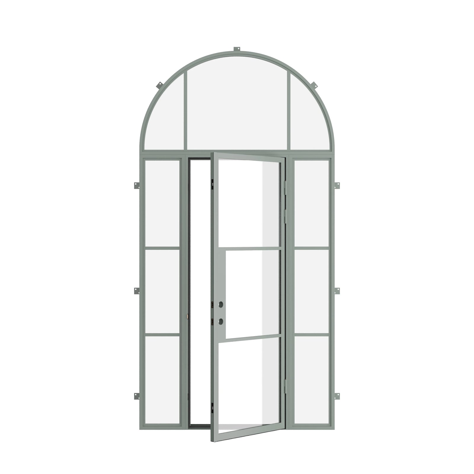 Pinkys Air 4 steel door, single, flat, with side windows, with a full-arch top window, open