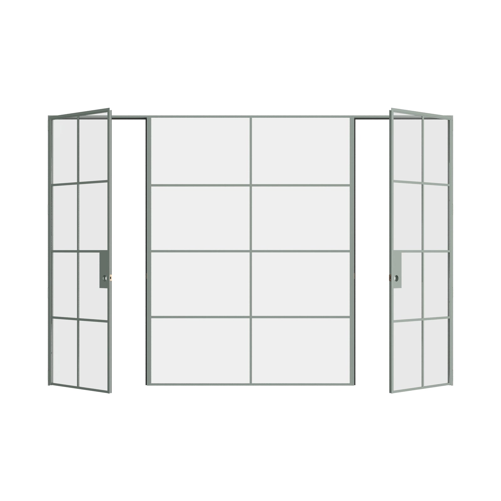 Pinkys Air 5 interior steel door, dual single, with a fixed middle panel, open
