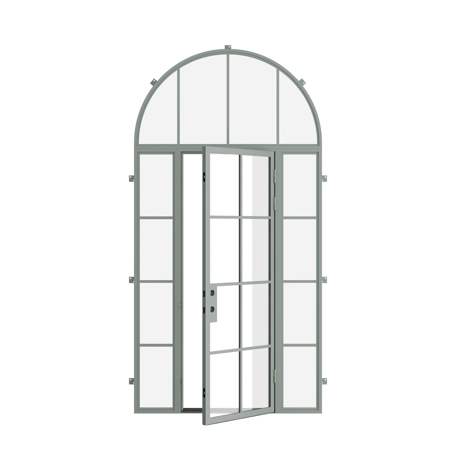 Pinkys Air 5 steel door, single, flat, with side windows, with a full-arch top window, open