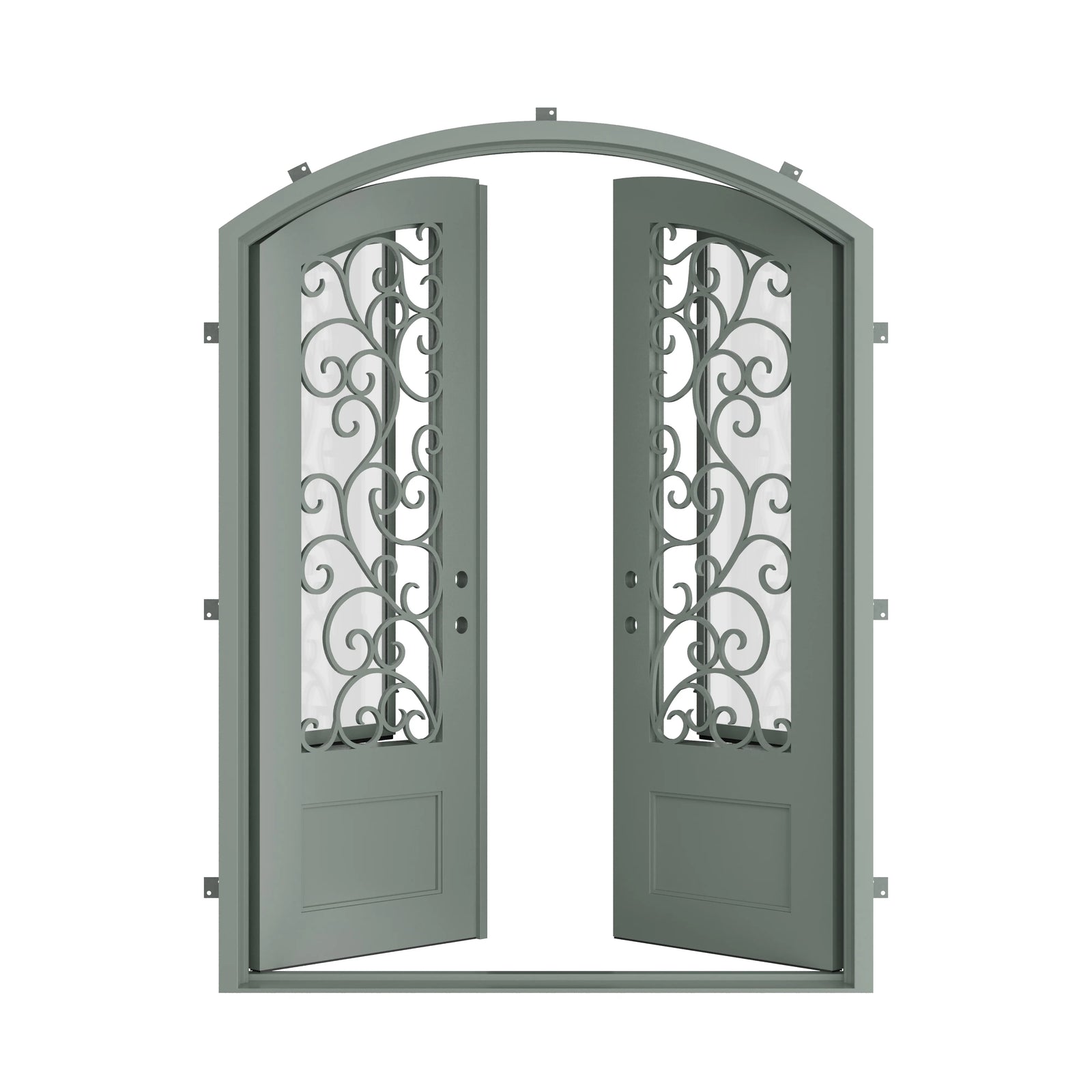 Pinkys Story steel door, double, arch, open
