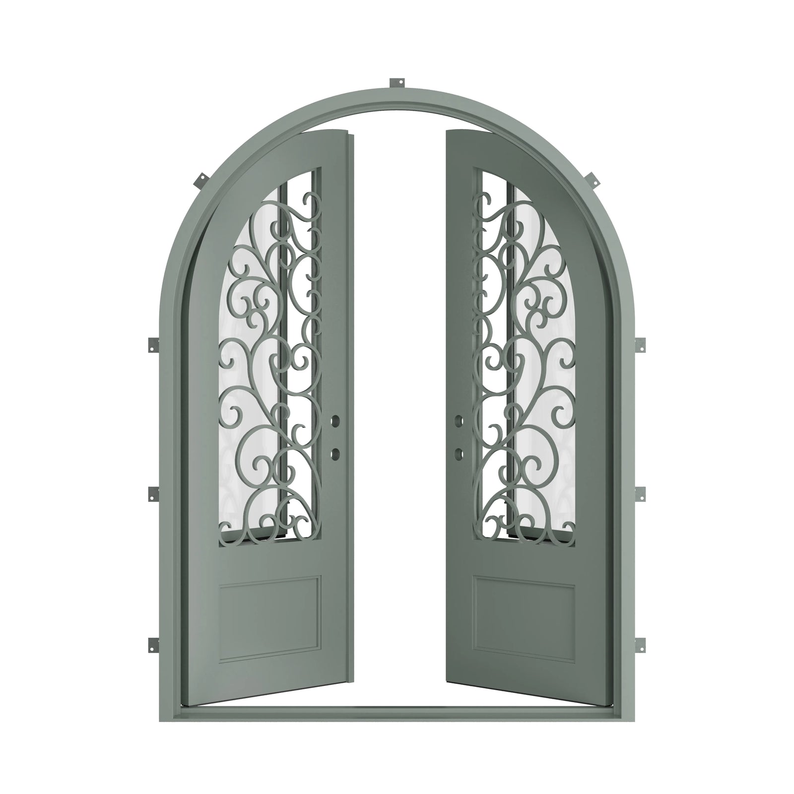 Pinkys Story steel door, double, full arch, open