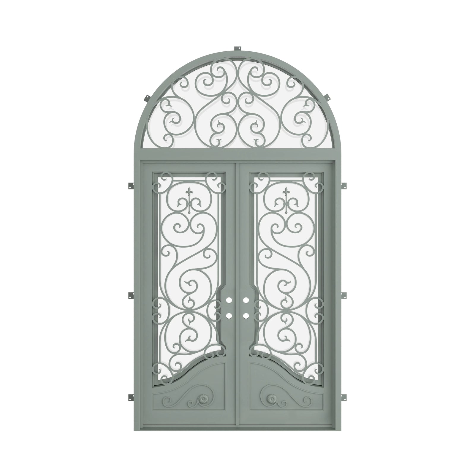 Pinkys Beverly steel door, double, flat, with an arch top window, closed