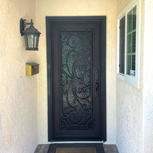 Single steel door with glass panel in a residential entryway