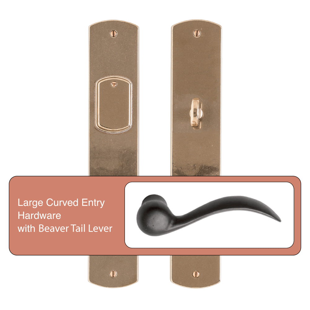 Large curved entry lockset from rocky mountain with curved lever.
