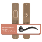Large curved entry lockset from rocky mountain with curved lever.
