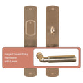 Large curved exterior lock with keyed deadbolt and stylish lever.