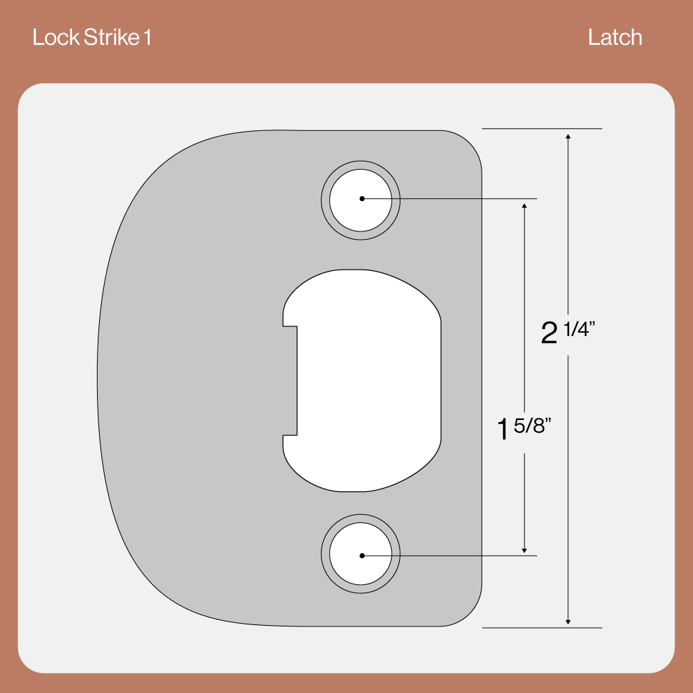 Strike plate for passage hardware with lip and screw holes.