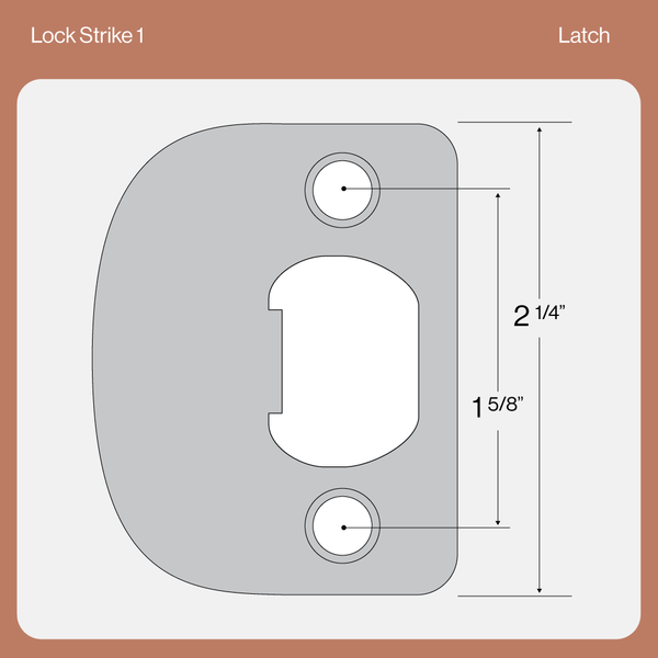 Strike plate for passage hardware with lip and screw holes.