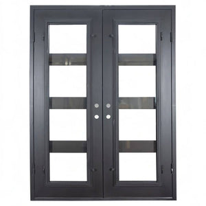 Double entryway doors made with a thick iron and steel frame and a full panel of glass behind 3 horizontal bars on each door. Doors are thermally broken to protect from extreme weather.