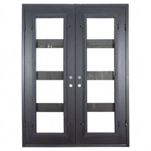 Load image into Gallery viewer, Double entryway doors made with a thick iron and steel frame and a full panel of glass behind 3 horizontal bars on each door. Doors are thermally broken to protect from extreme weather.