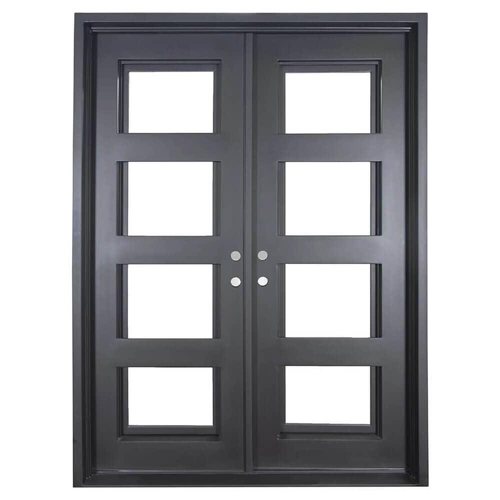 Double entryway doors made with a thick iron and steel frame and a full panel of glass behind 3 horizontal bars on each door. Doors are thermally broken to protect from extreme weather.