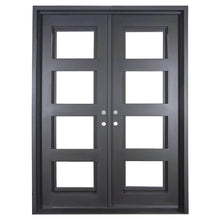 Load image into Gallery viewer, Double entryway doors made with a thick iron and steel frame and a full panel of glass behind 3 horizontal bars on each door. Doors are thermally broken to protect from extreme weather.