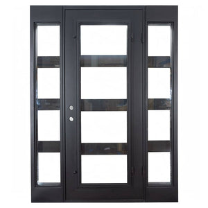 Steel and iron single door used for entryways with a full-length glass panel that opens, 4 horizontal dividers and sidelights. Door is thermally broken to protect from extreme weather.