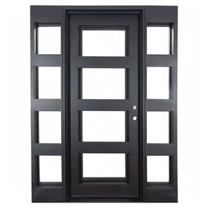 PINKYS Air 19 Exterior iron doors with side panel windows.