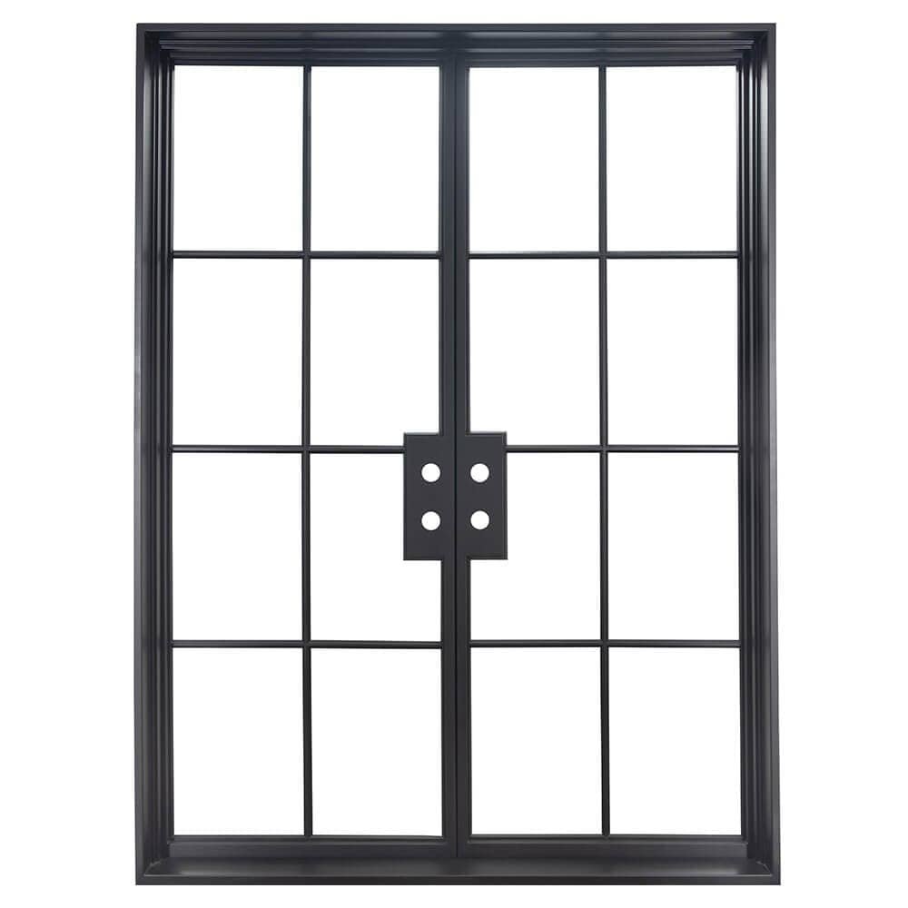 Iron double doors with glass window-pane panels on each side. Doors are thermally broken to protect from extreme weather.